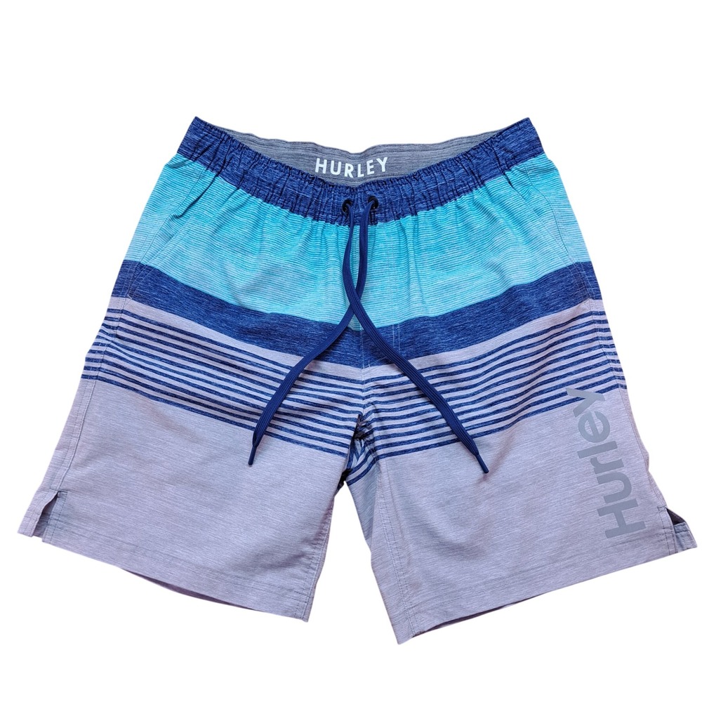Hurley Board Shorts Mens Large Blue Striped Excellent 4-Way Stretch Swim Trunks